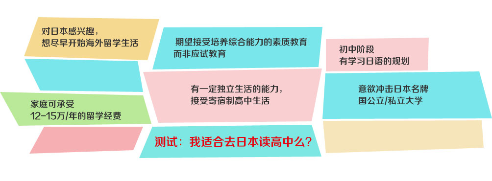 ●對日本感興趣，想盡早開始海外留學(xué)生活
●期望接受培養(yǎng)綜合能力的素質(zhì)教育，而非應(yīng)試教育
●初中階段有學(xué)習(xí)日語的規(guī)劃
●有一定獨(dú)立生活的能力，接受寄宿制高中生活
●意欲沖擊日本名牌國公立/私立大學(xué)
●家庭可承受12-15萬/年的留學(xué)經(jīng)費(fèi)
