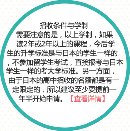 招收條件與學(xué)制
需要注意的是，以上學(xué)制，如果非讀2年或2年以上的課程，今后學(xué)生的升學(xué)標(biāo)準(zhǔn)是與日本的學(xué)生一樣的，不參加留學(xué)生考試，直接報(bào)考與日本學(xué)生一樣的考大學(xué)標(biāo)準(zhǔn)。另一方面，由于日本的高中招收的名額都是有一定限定的，所以建議至少要提前一年半開始申請。